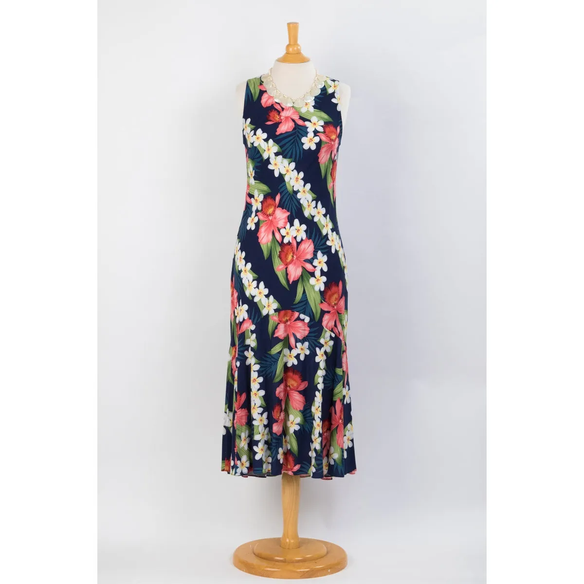 Navy Blue Orchid Floral Print Dress, Blue