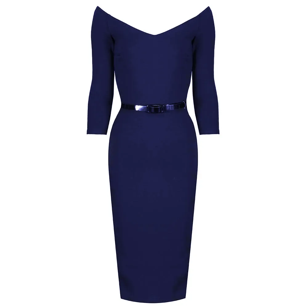 Navy Blue Wide V Neck 3/4 Sleeve Vintage Belted Bodycon Pencil Dress