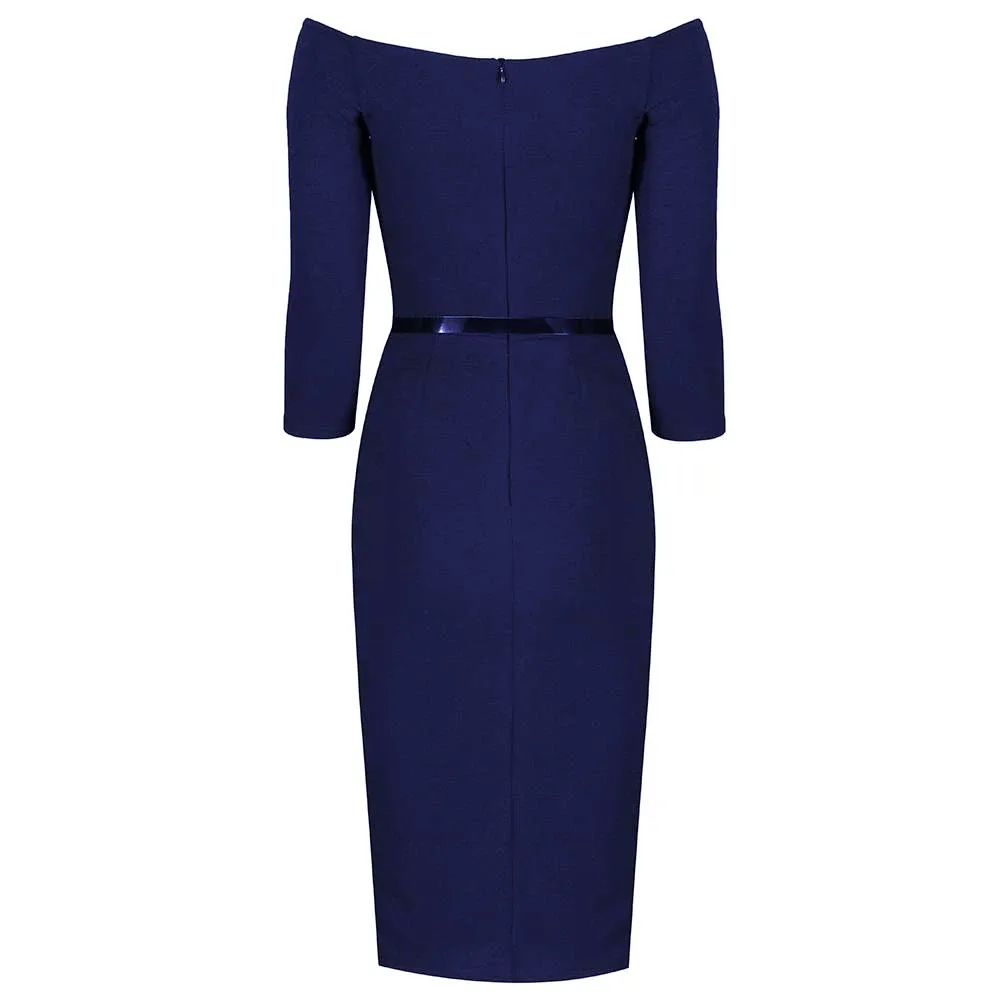 Navy Blue Wide V Neck 3/4 Sleeve Vintage Belted Bodycon Pencil Dress