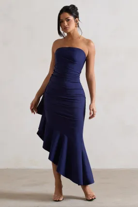 New Age | Navy Strapless Asymmetric Ruffled Maxi Dress