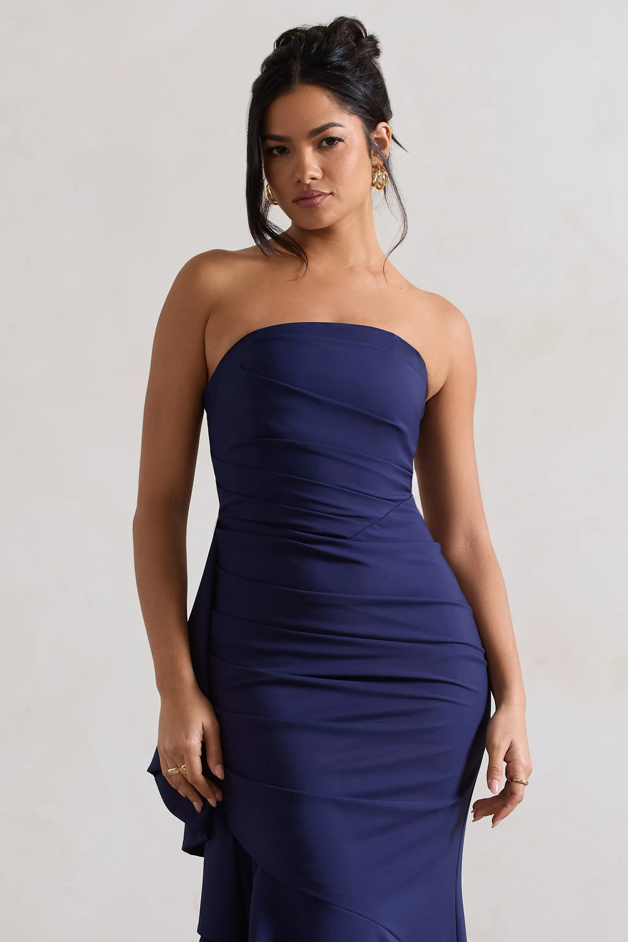 New Age | Navy Strapless Asymmetric Ruffled Maxi Dress