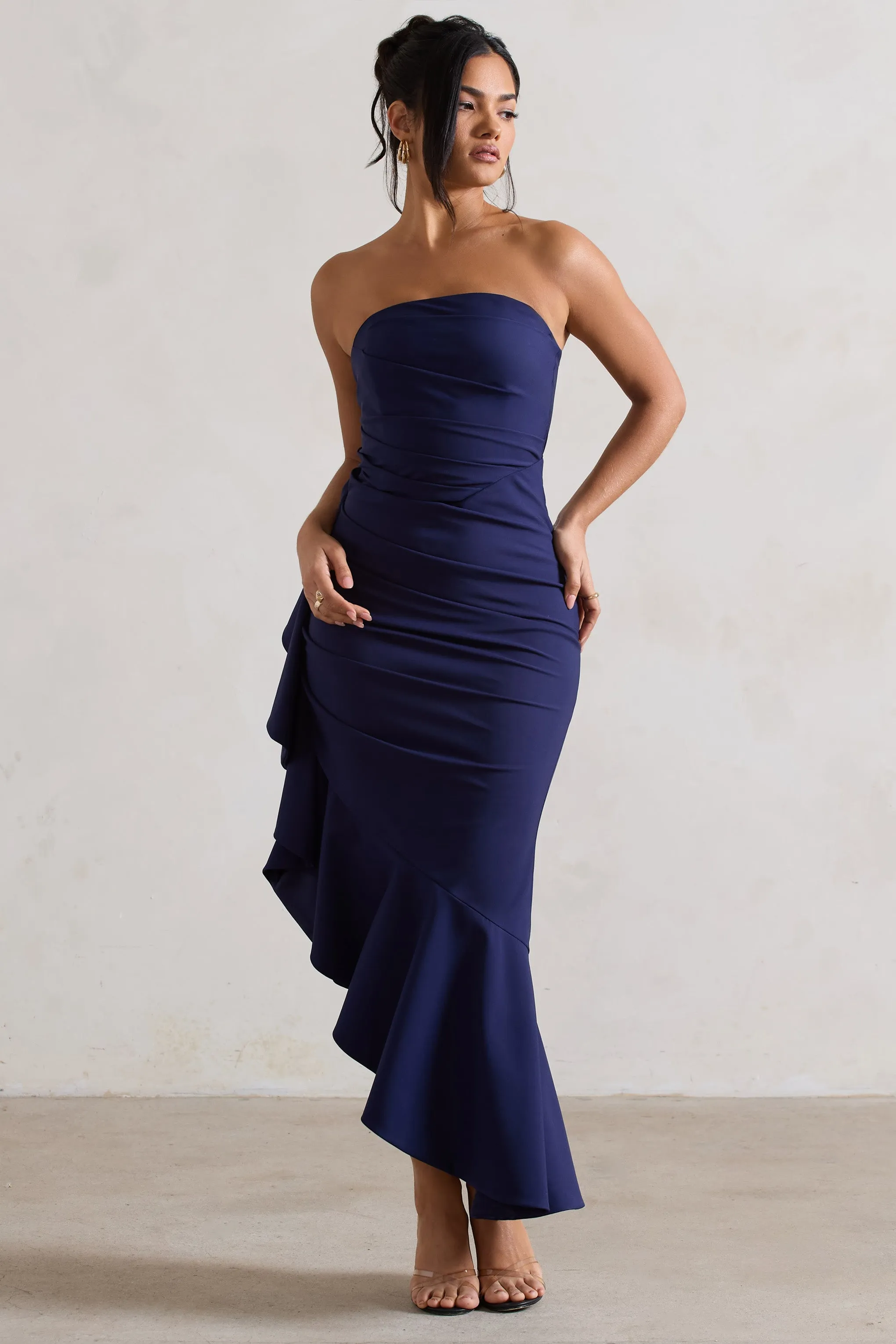 New Age | Navy Strapless Asymmetric Ruffled Maxi Dress