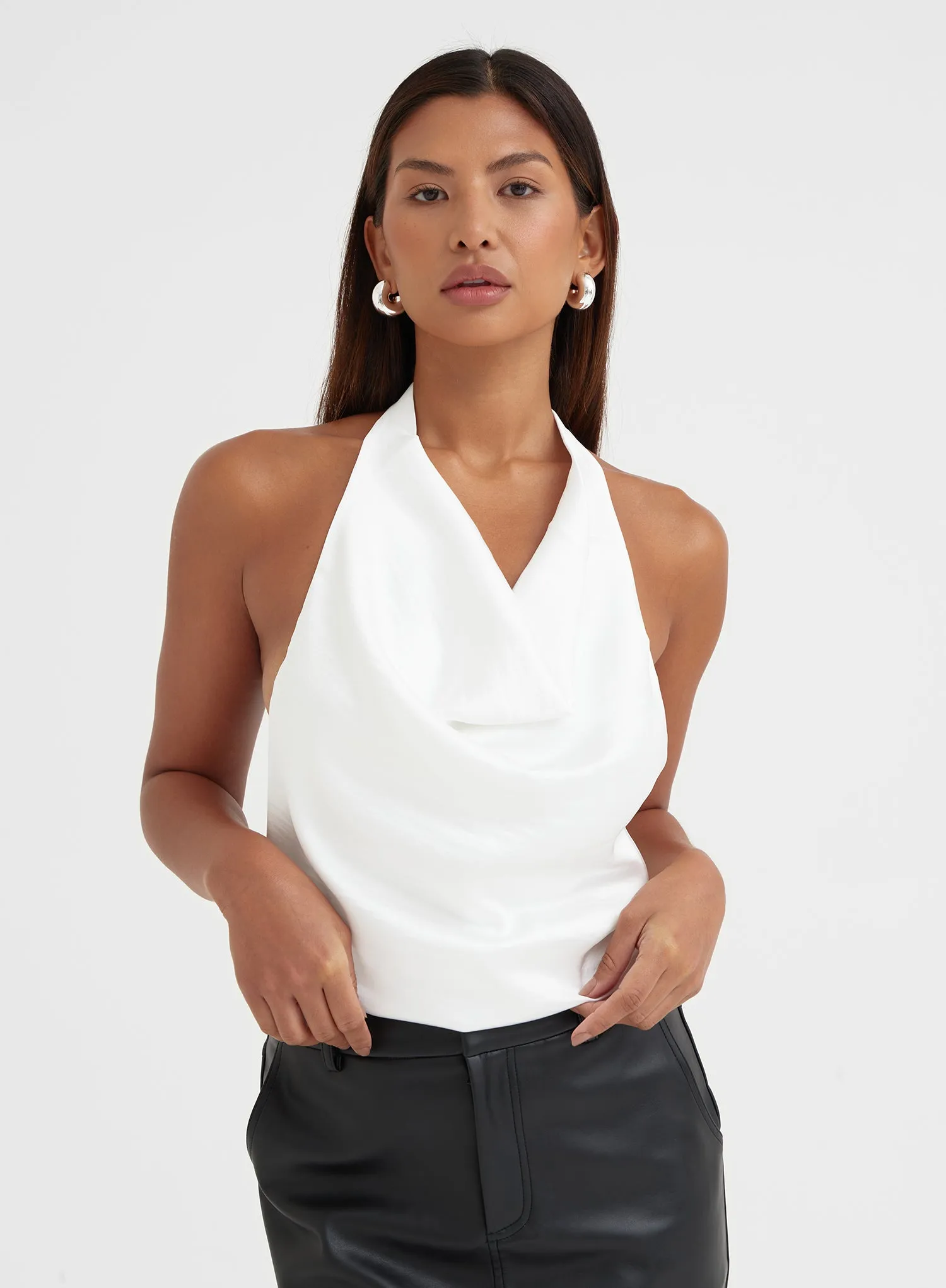 Off White Satin Halter Cowl Neck Top - Chaia