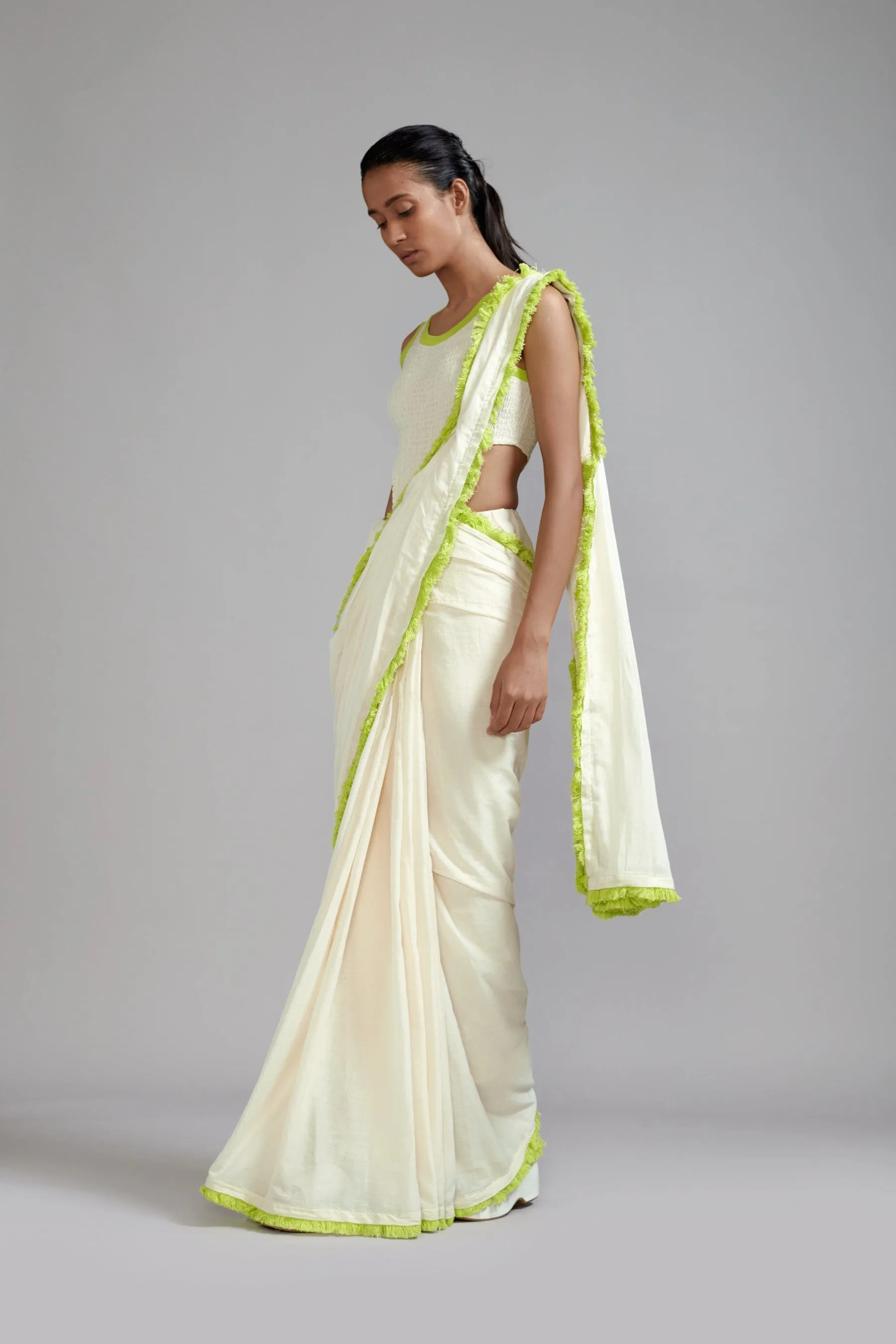 Off-White with Neon Green Fringed Saree