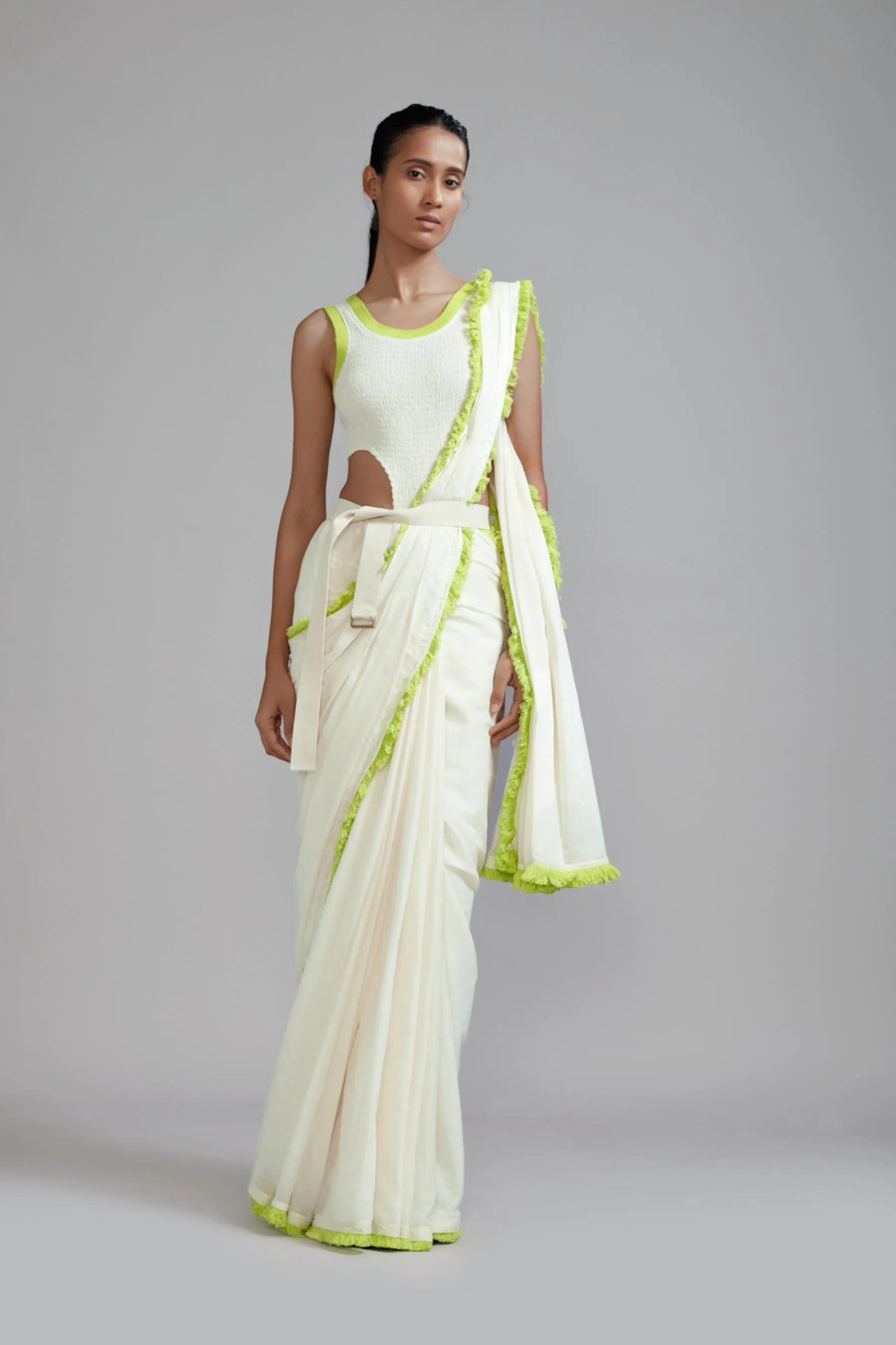 Off-White with Neon Green Fringed Saree