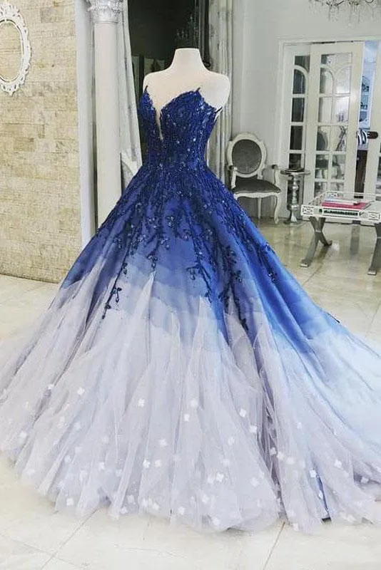 Ombre Ball Gown Royal Blue Prom Dresses With Appliques, Long V Neck Quinceanera Dresses STK15275