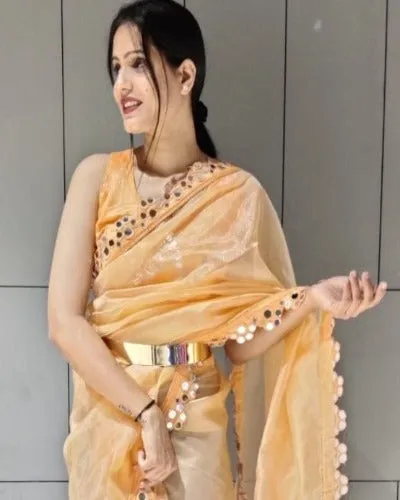 Peach Mirrorwork 1 Minute Saree Ready to wear sari