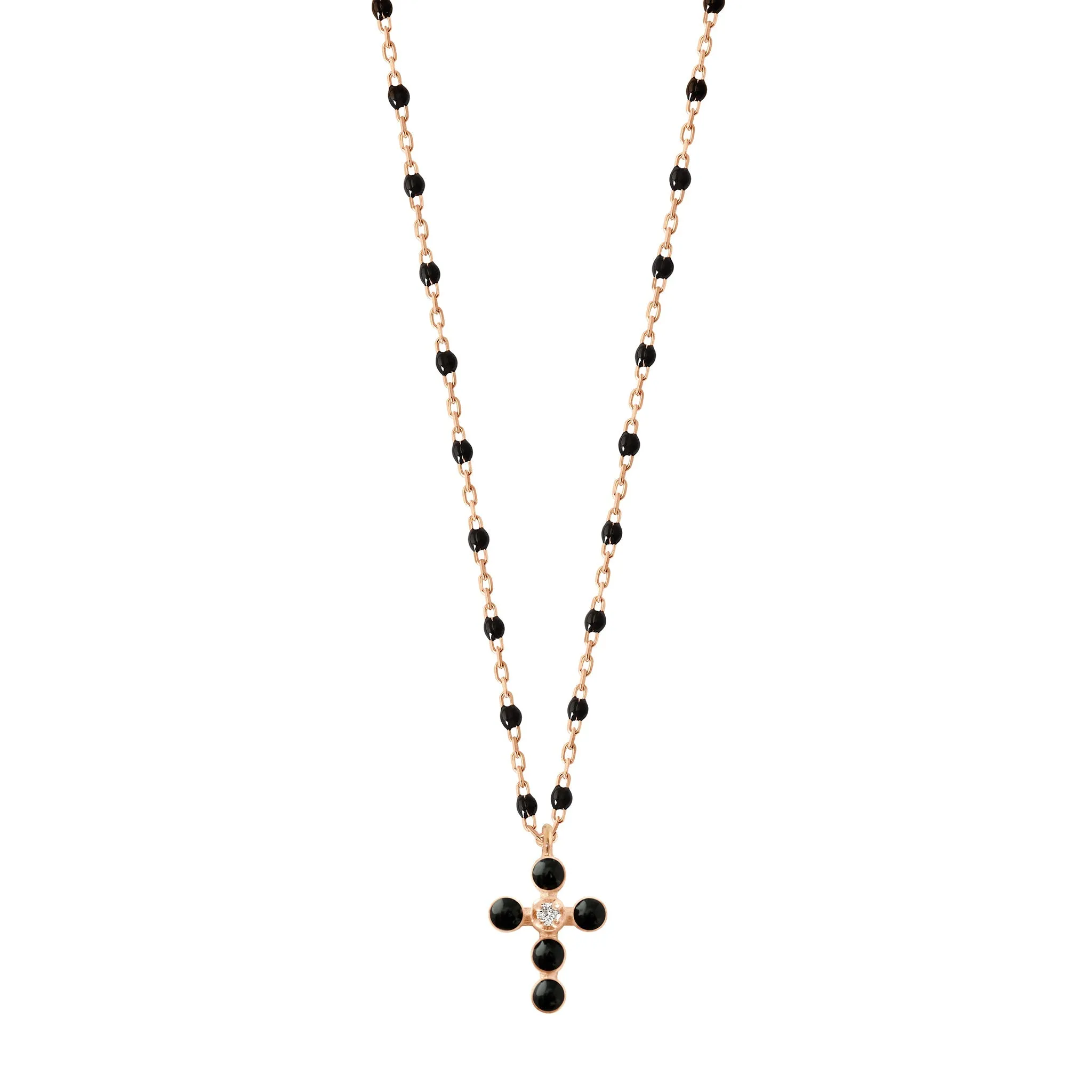 Pearled Cross Diamond Necklace, Black, Rose Gold, 16.5"