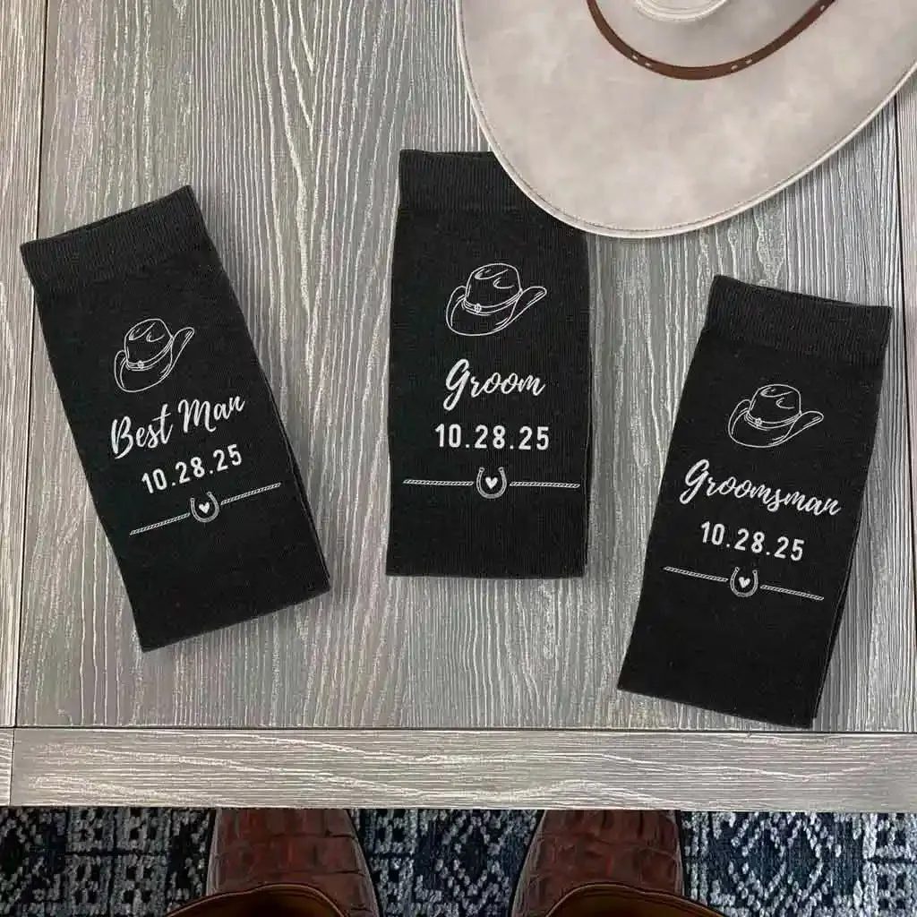 Personalized Cowboy Hat Groomsmen Socks for a Western Wedding Theme