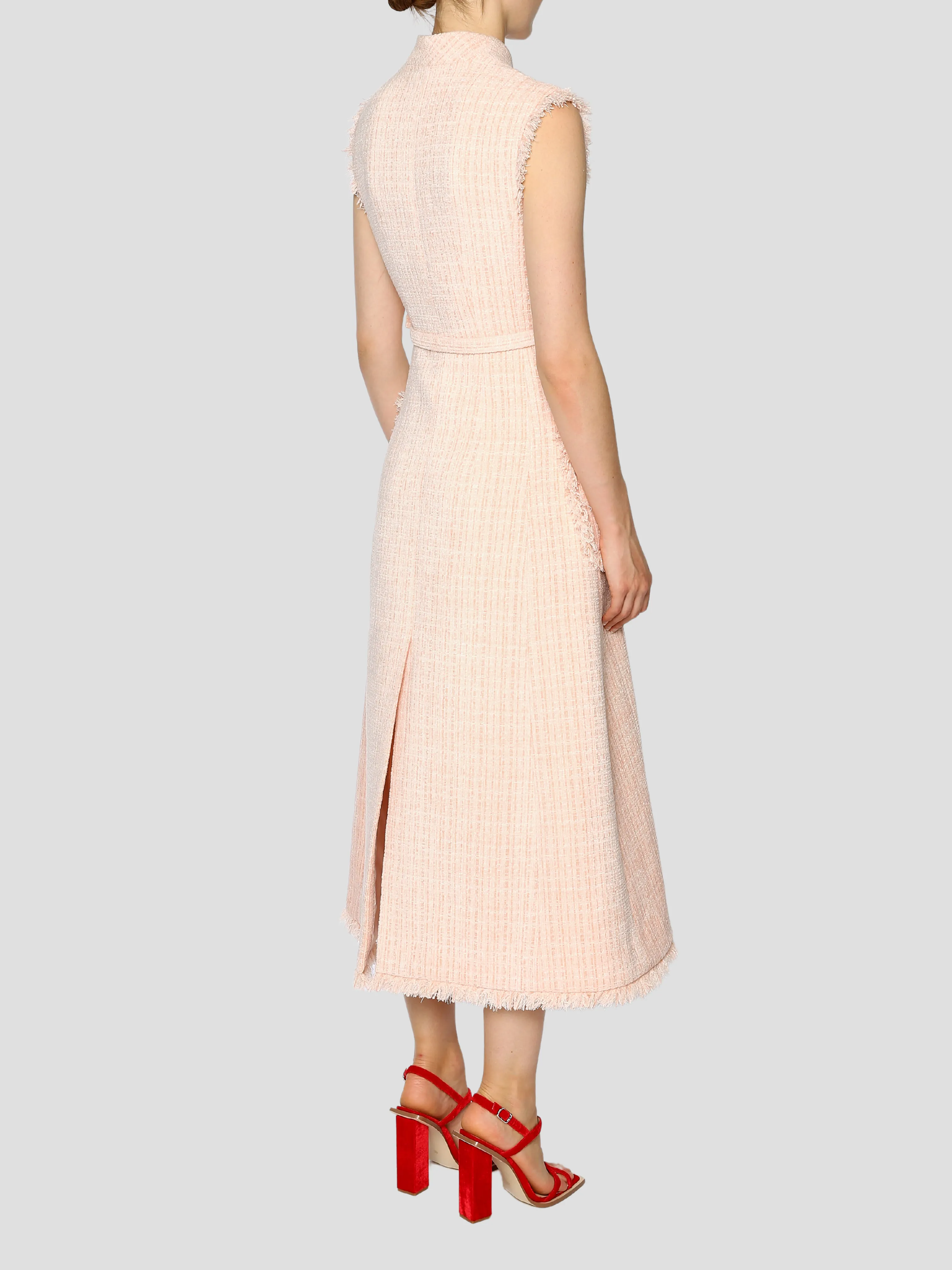 Pink Felicity Sleeveless Tweed Belted Midi Dress