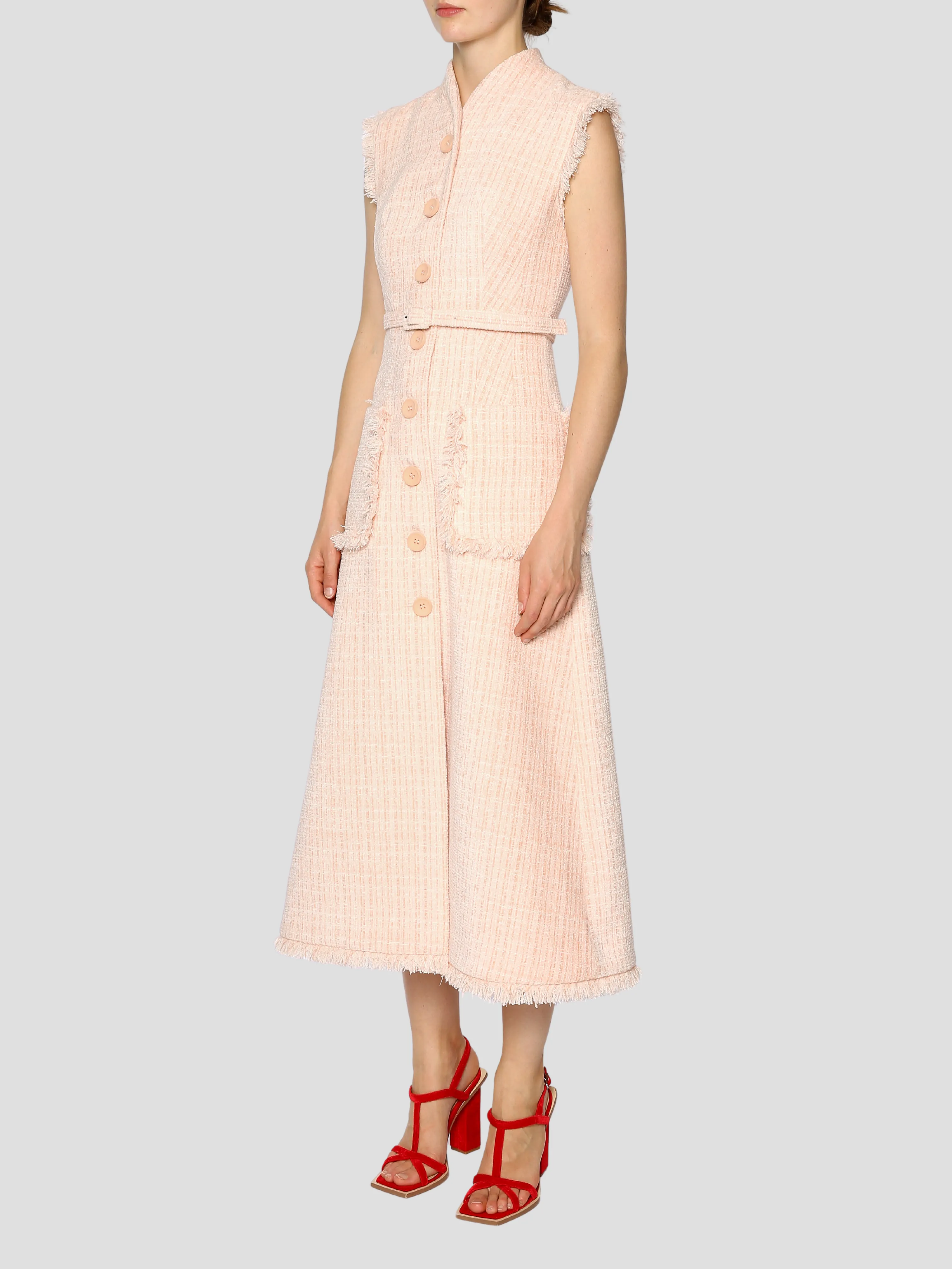 Pink Felicity Sleeveless Tweed Belted Midi Dress