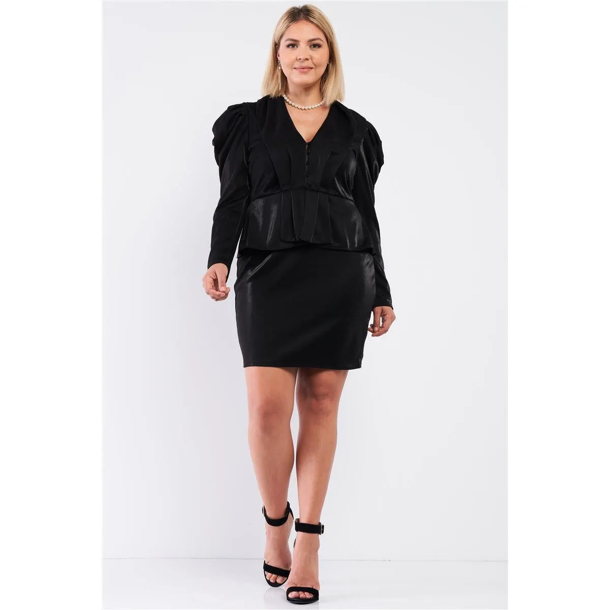 Plus Long Sleeve Victorian Steampunk Inspired V-neck Button Front Pleated Detail Mock Blazer Fitted Dress