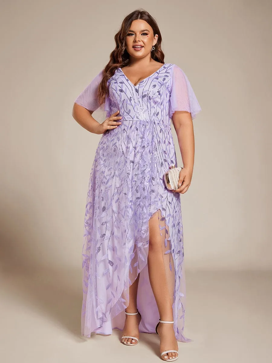 Plus Size Short Sleeves Sequin High Low V-Neck Midi Formal Evening Dress