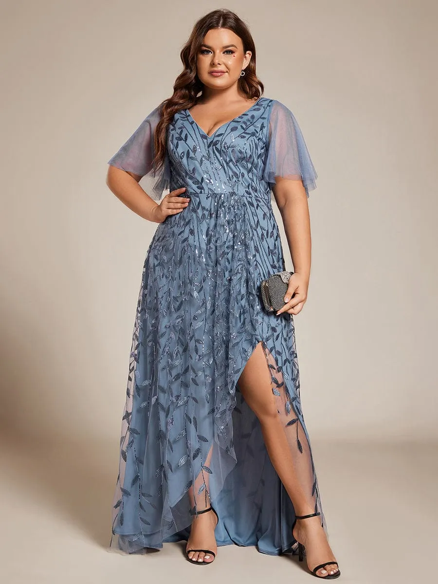 Plus Size Short Sleeves Sequin High Low V-Neck Midi Formal Evening Dress