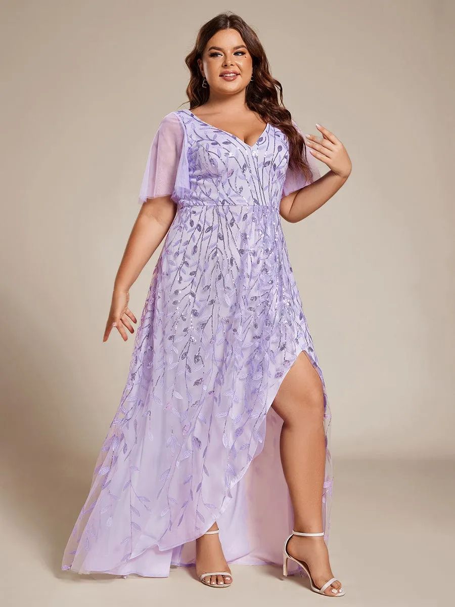 Plus Size Short Sleeves Sequin High Low V-Neck Midi Formal Evening Dress