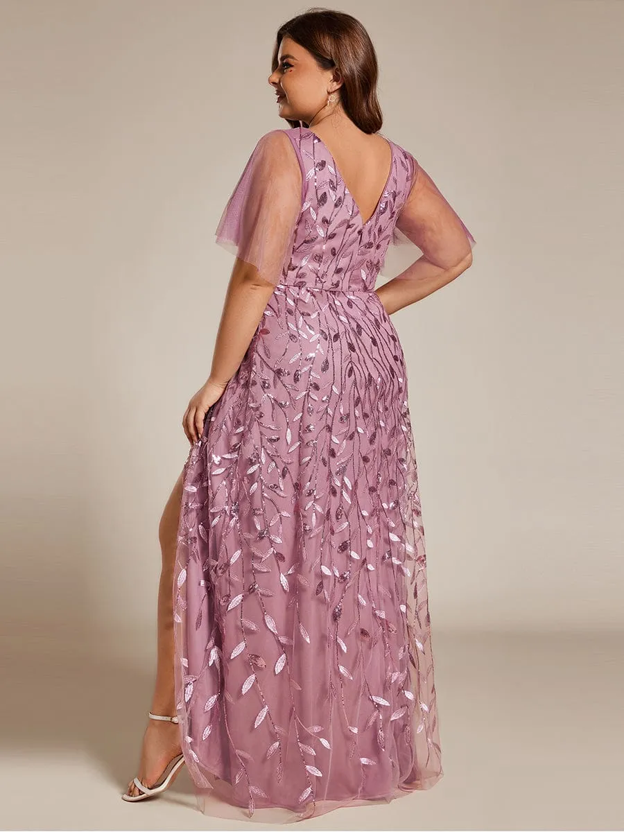 Plus Size Short Sleeves Sequin High Low V-Neck Midi Formal Evening Dress