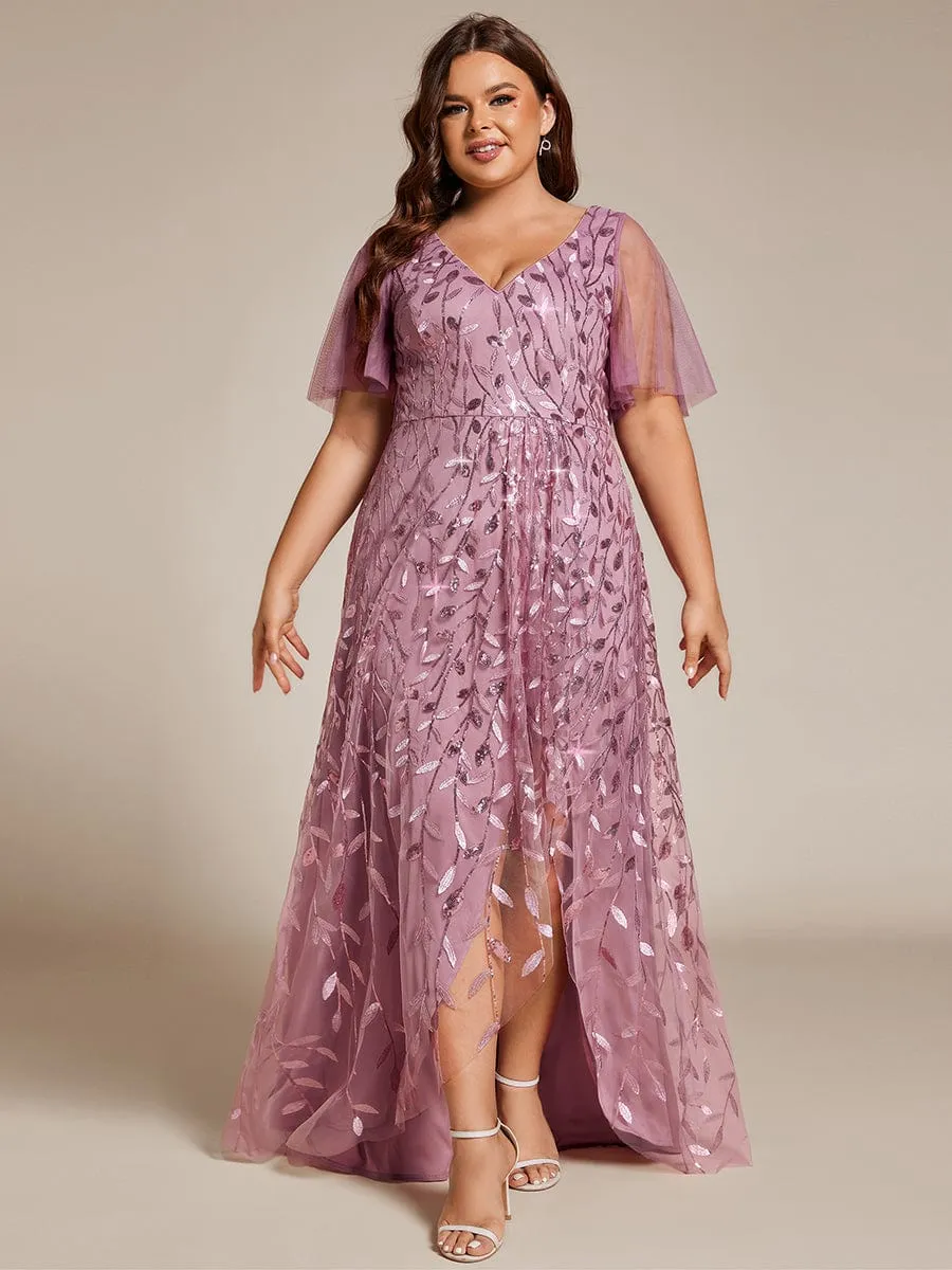 Plus Size Short Sleeves Sequin High Low V-Neck Midi Formal Evening Dress