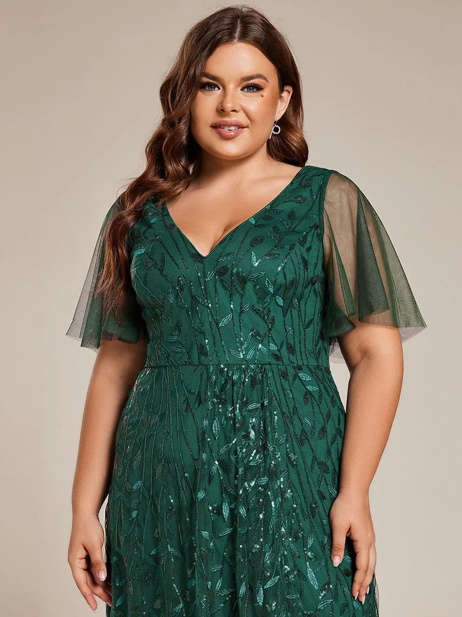 Plus Size Short Sleeves Sequin High Low V-Neck Midi Formal Evening Dress