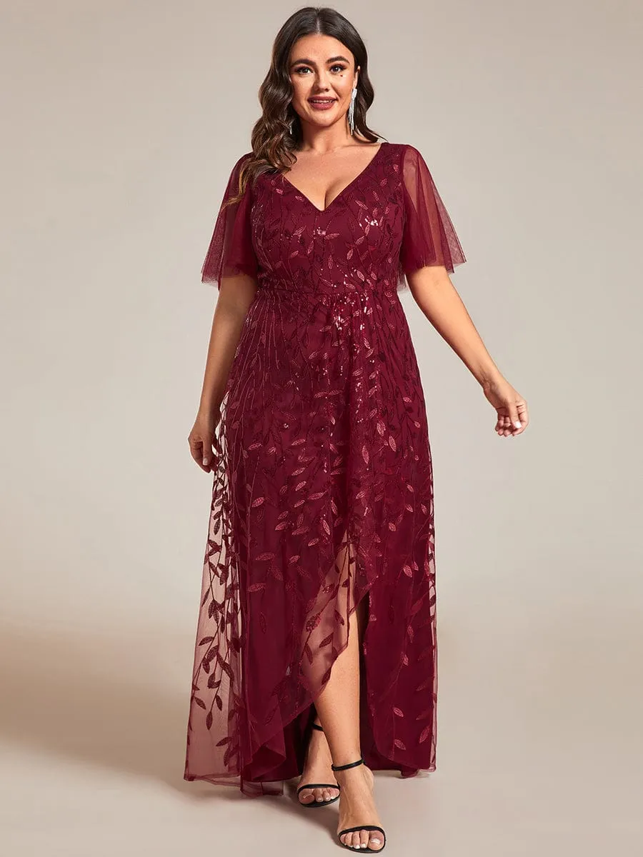 Plus Size Short Sleeves Sequin High Low V-Neck Midi Formal Evening Dress