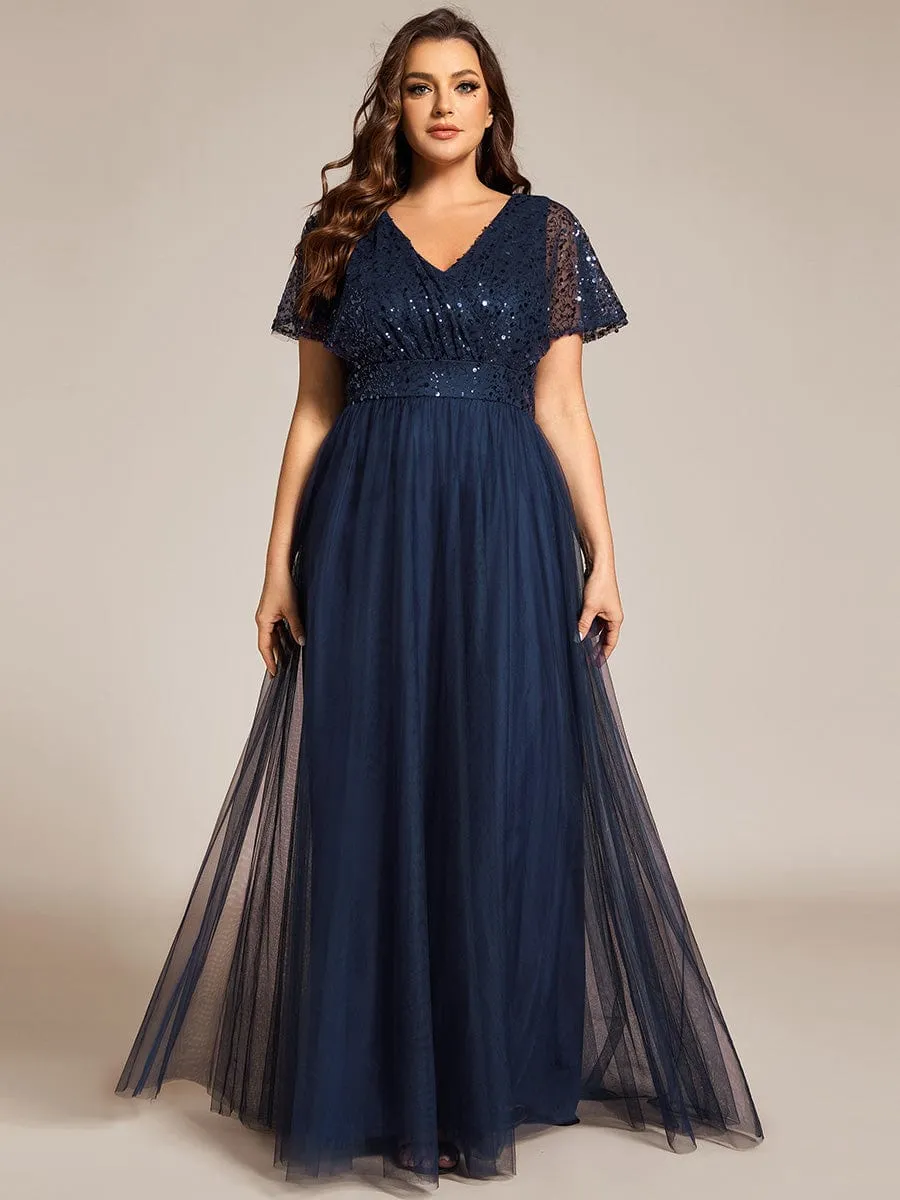 Plus Size Short Sleeves Sequin V-Neck Formal Evening Dress with Tulle