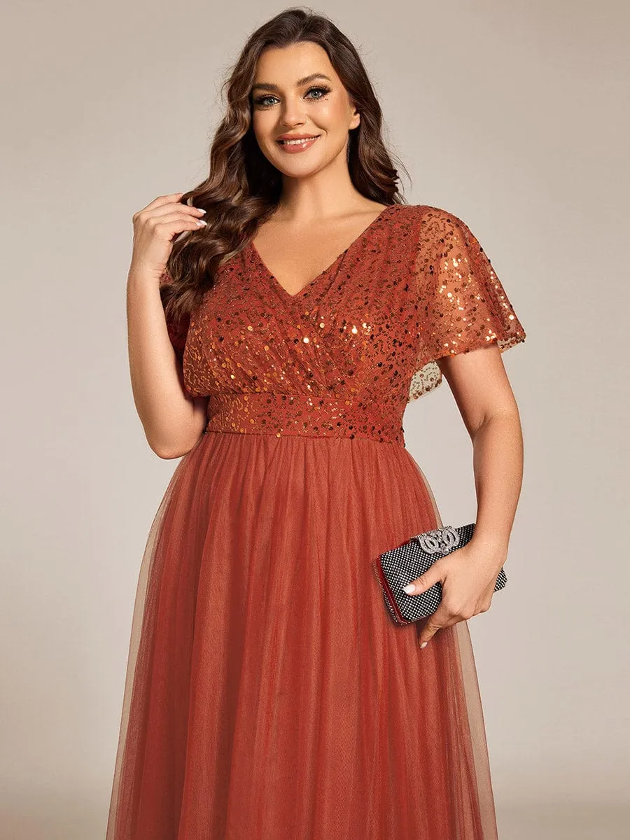 Plus Size Short Sleeves Sequin V-Neck Formal Evening Dress with Tulle