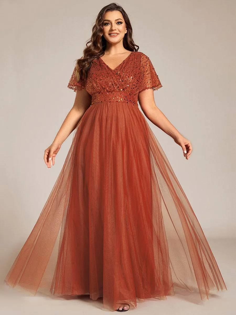 Plus Size Short Sleeves Sequin V-Neck Formal Evening Dress with Tulle