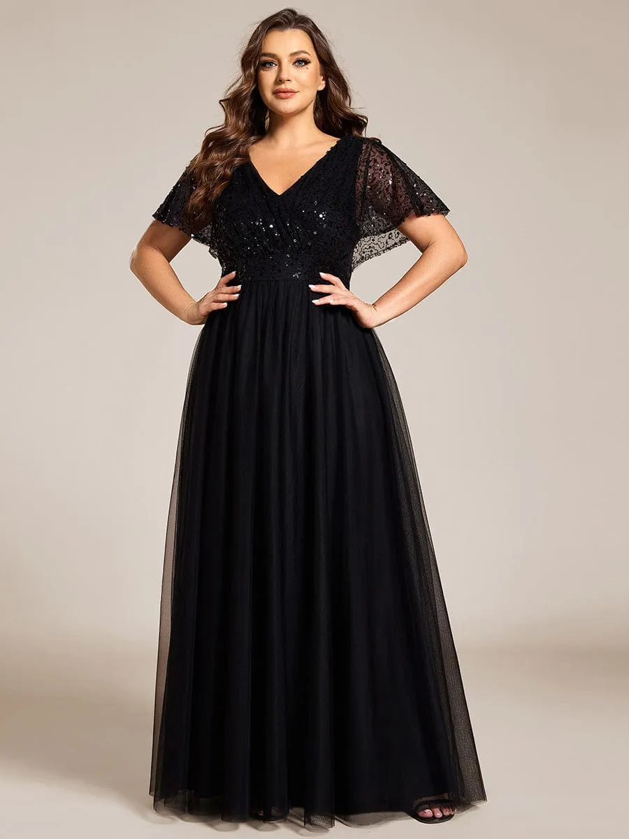 Plus Size Short Sleeves Sequin V-Neck Formal Evening Dress with Tulle