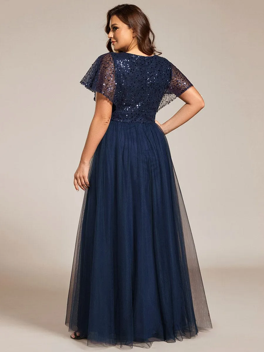 Plus Size Short Sleeves Sequin V-Neck Formal Evening Dress with Tulle