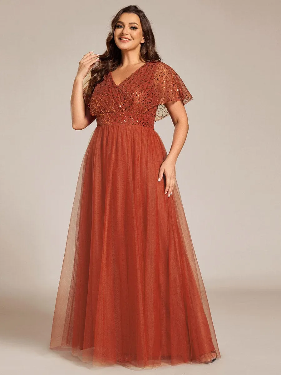 Plus Size Short Sleeves Sequin V-Neck Formal Evening Dress with Tulle