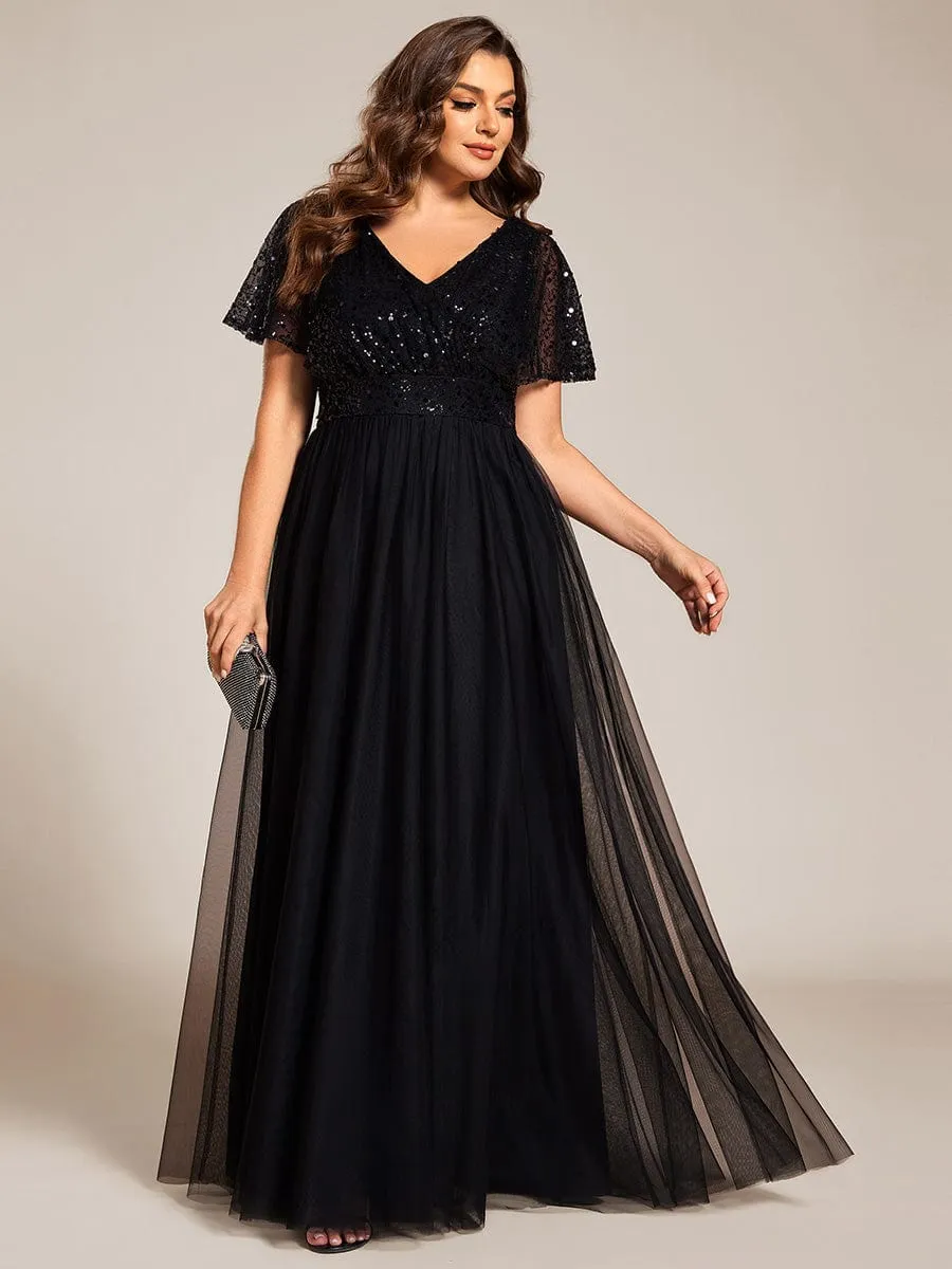 Plus Size Short Sleeves Sequin V-Neck Formal Evening Dress with Tulle