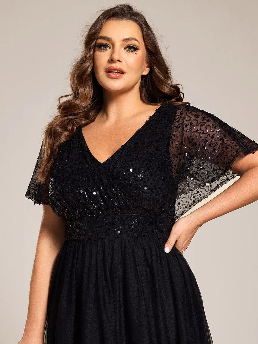 Plus Size Short Sleeves Sequin V-Neck Formal Evening Dress with Tulle