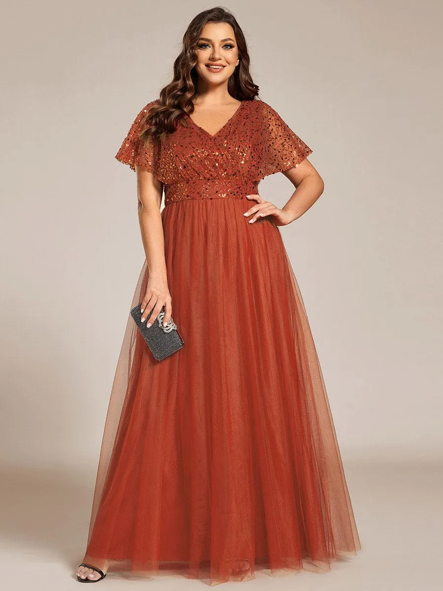 Plus Size Short Sleeves Sequin V-Neck Formal Evening Dress with Tulle