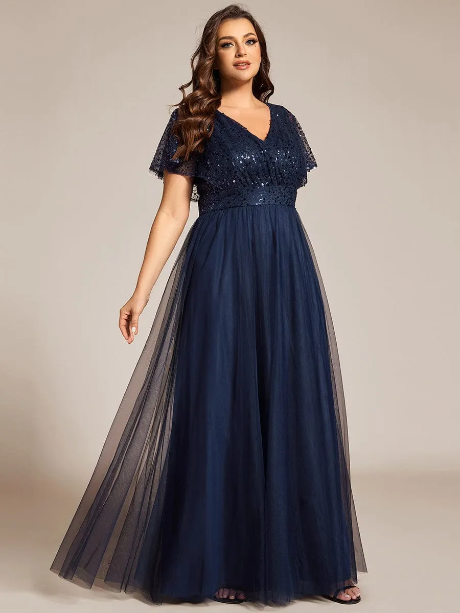 Plus Size Short Sleeves Sequin V-Neck Formal Evening Dress with Tulle