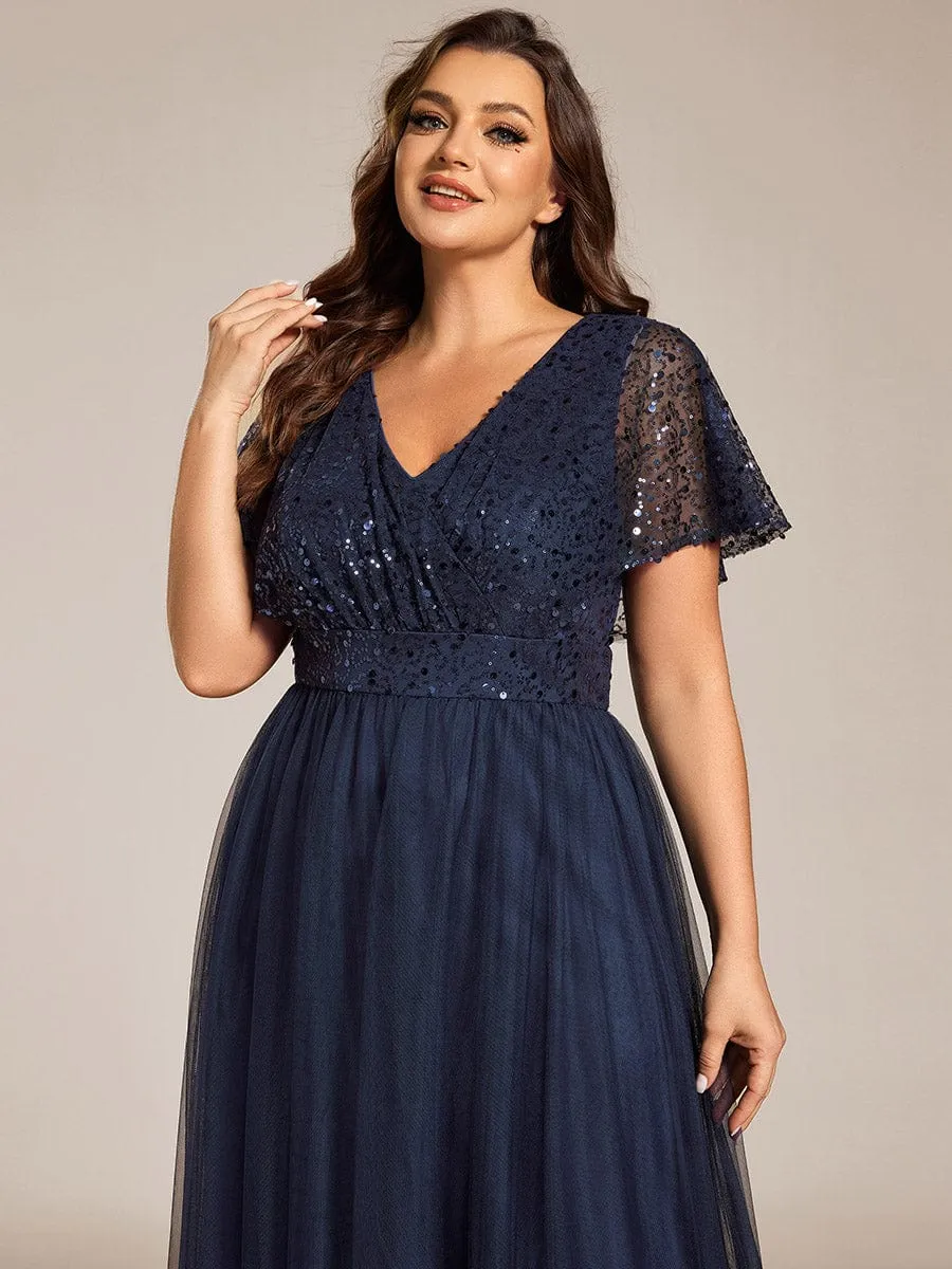 Plus Size Short Sleeves Sequin V-Neck Formal Evening Dress with Tulle