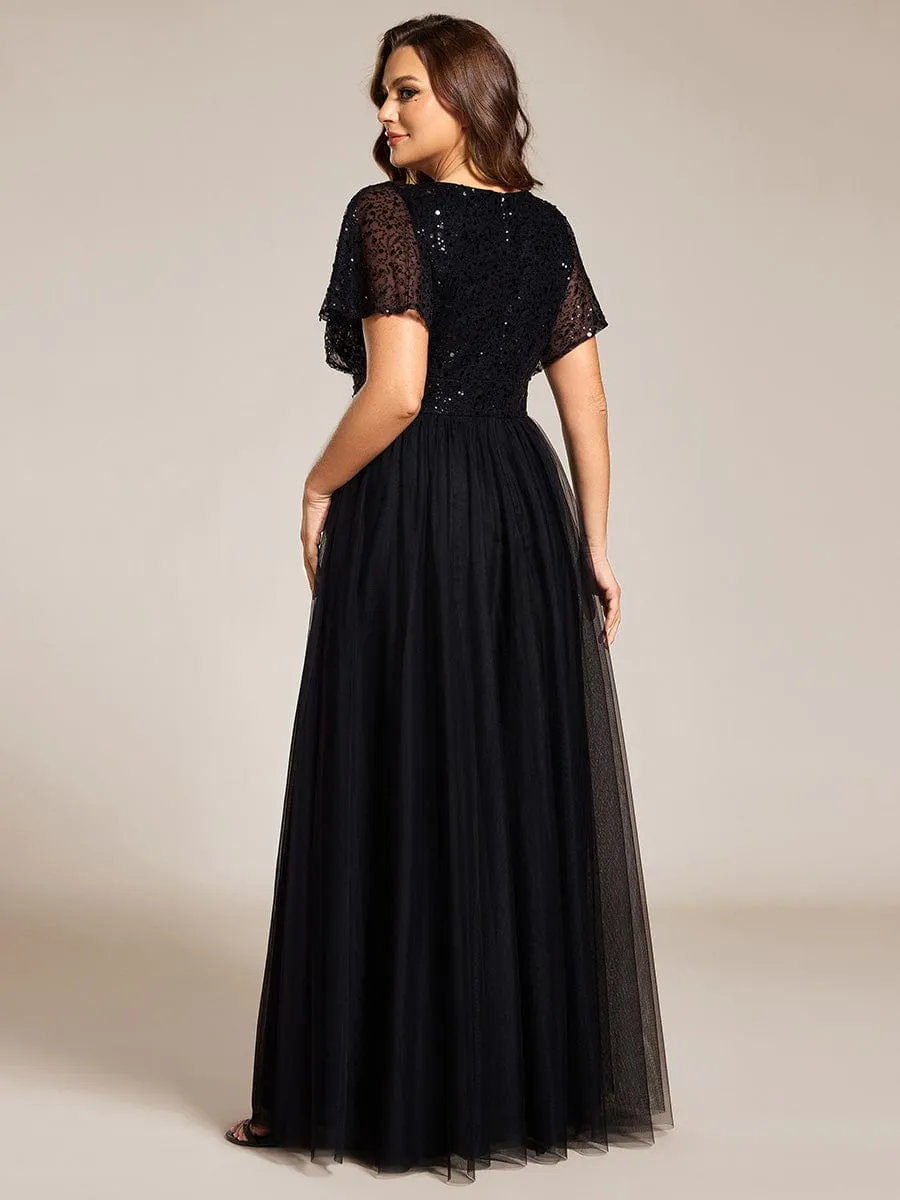 Plus Size Short Sleeves Sequin V-Neck Formal Evening Dress with Tulle