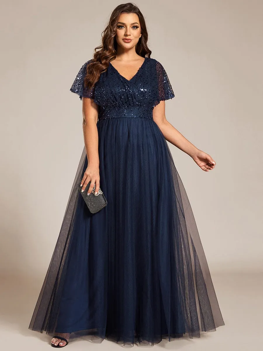 Plus Size Short Sleeves Sequin V-Neck Formal Evening Dress with Tulle