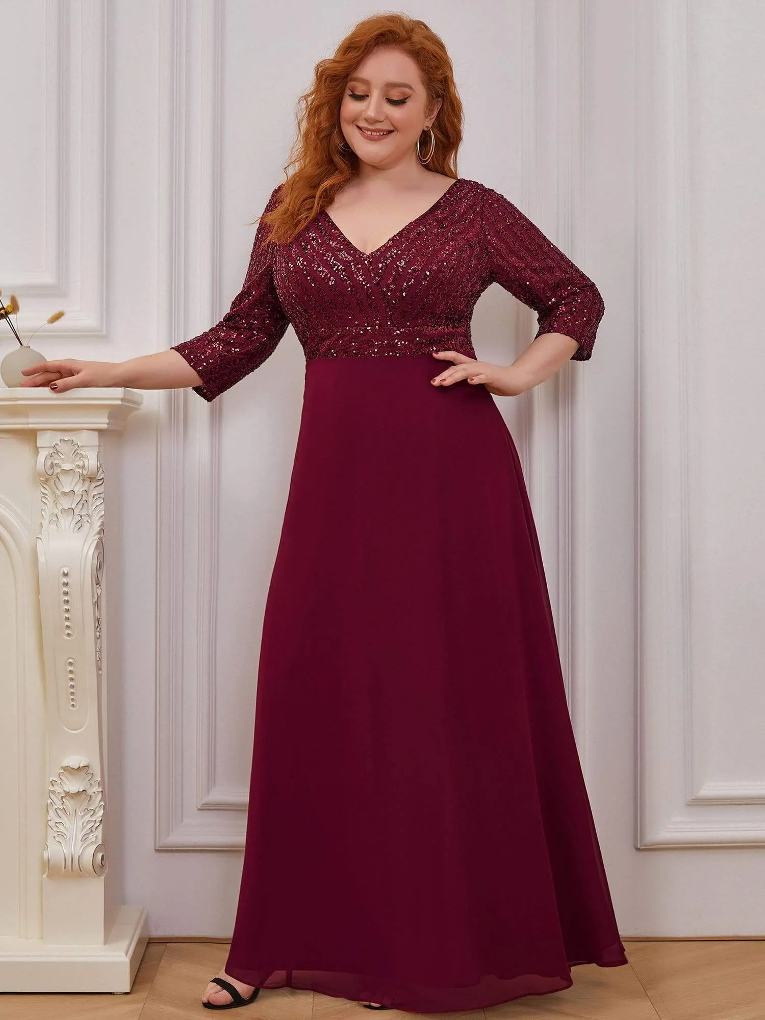 Plus Size V Neck A-Line Sequin Formal Evening Dress with Sleeve