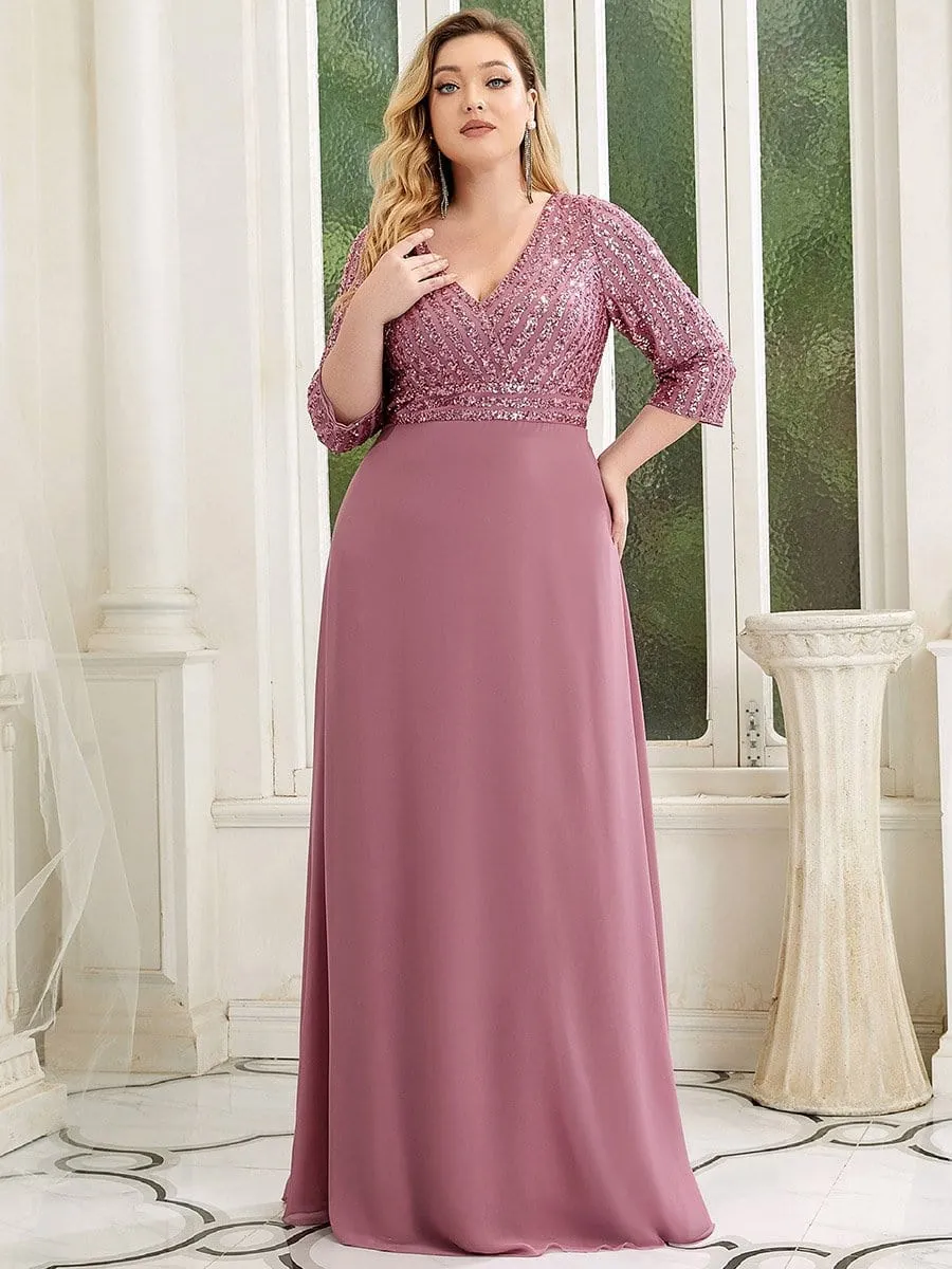 Plus Size V Neck A-Line Sequin Formal Evening Dress with Sleeve