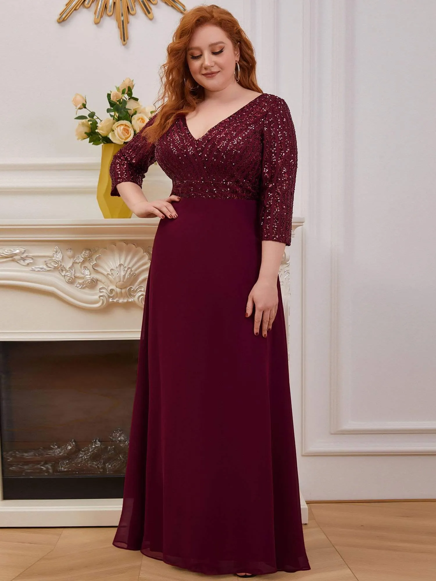 Plus Size V Neck A-Line Sequin Formal Evening Dress with Sleeve