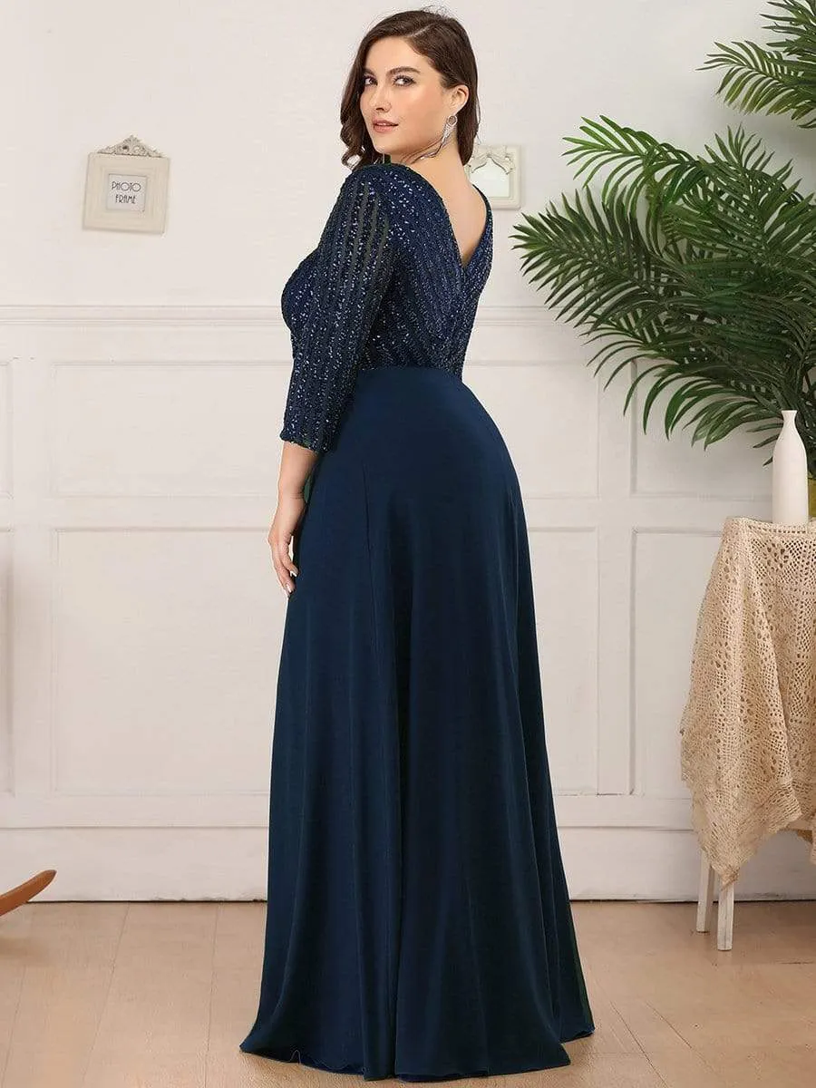 Plus Size V Neck A-Line Sequin Formal Evening Dress with Sleeve