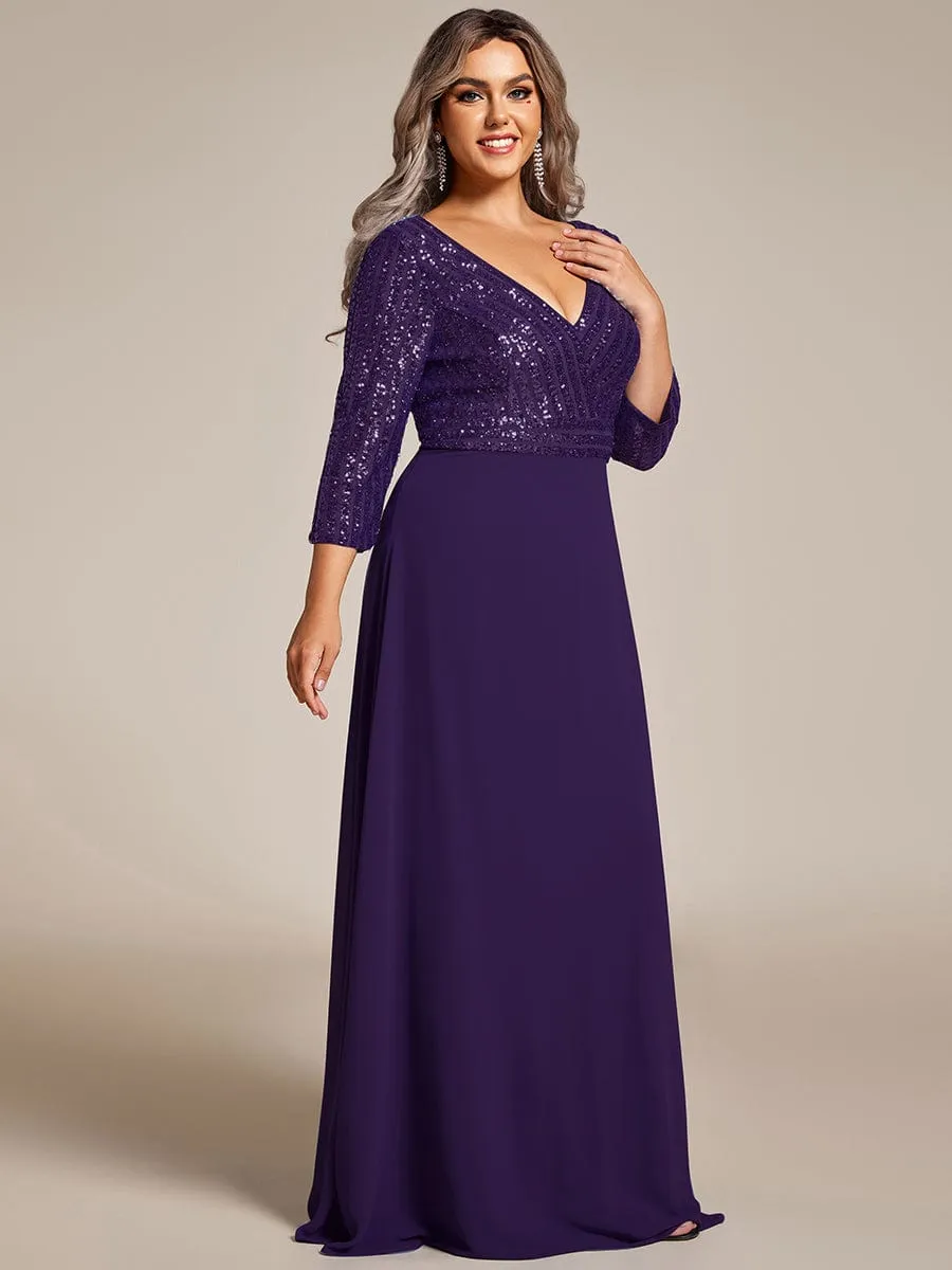 Plus Size V Neck A-Line Sequin Formal Evening Dress with Sleeve