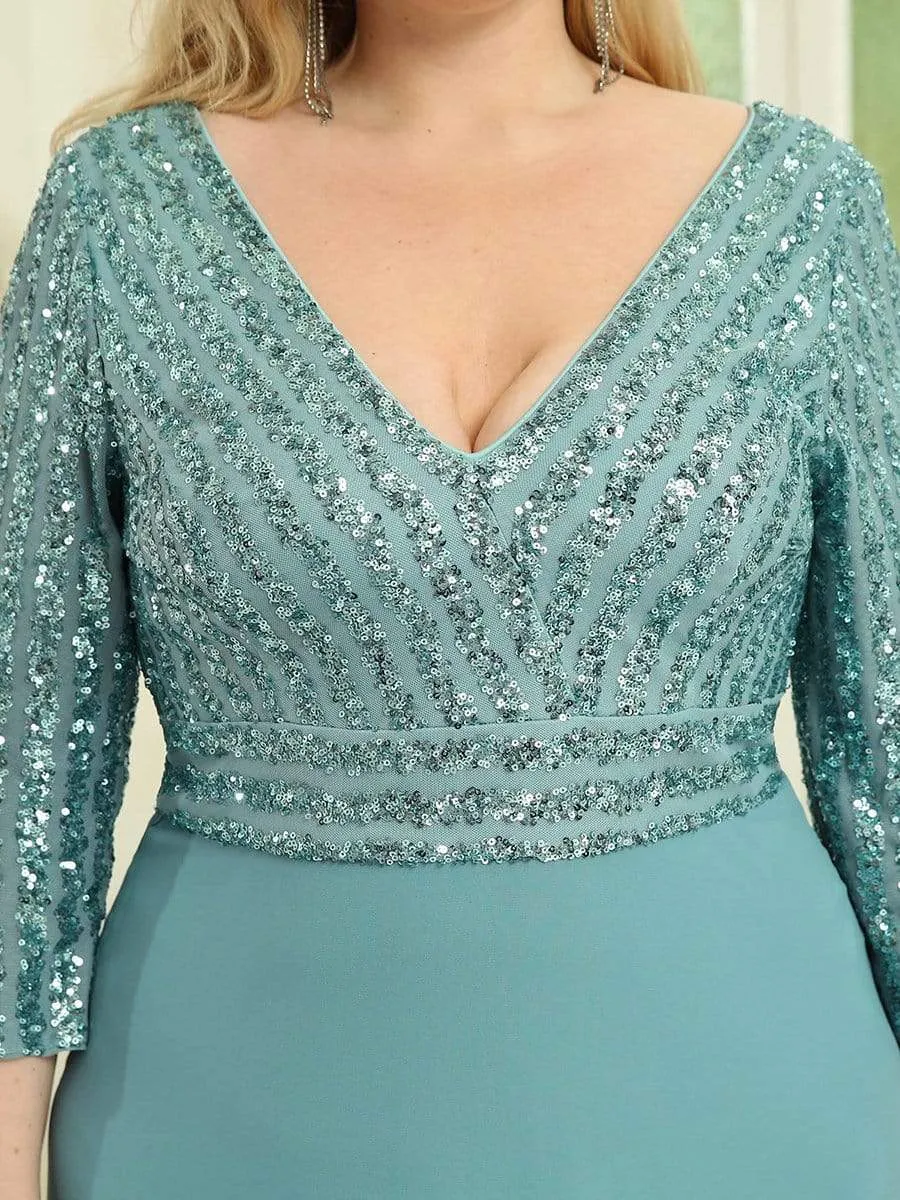 Plus Size V Neck A-Line Sequin Formal Evening Dress with Sleeve