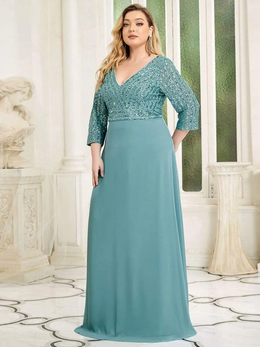 Plus Size V Neck A-Line Sequin Formal Evening Dress with Sleeve