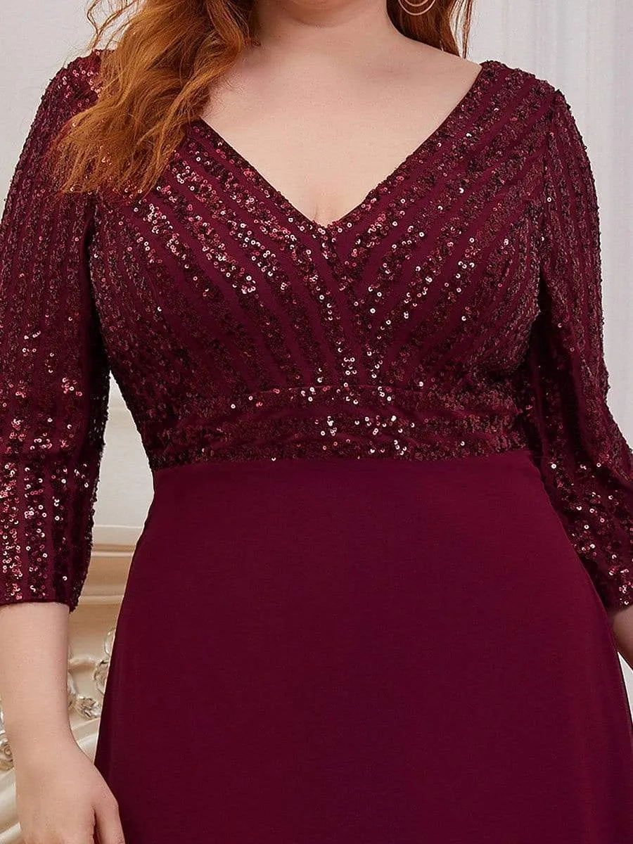 Plus Size V Neck A-Line Sequin Formal Evening Dress with Sleeve