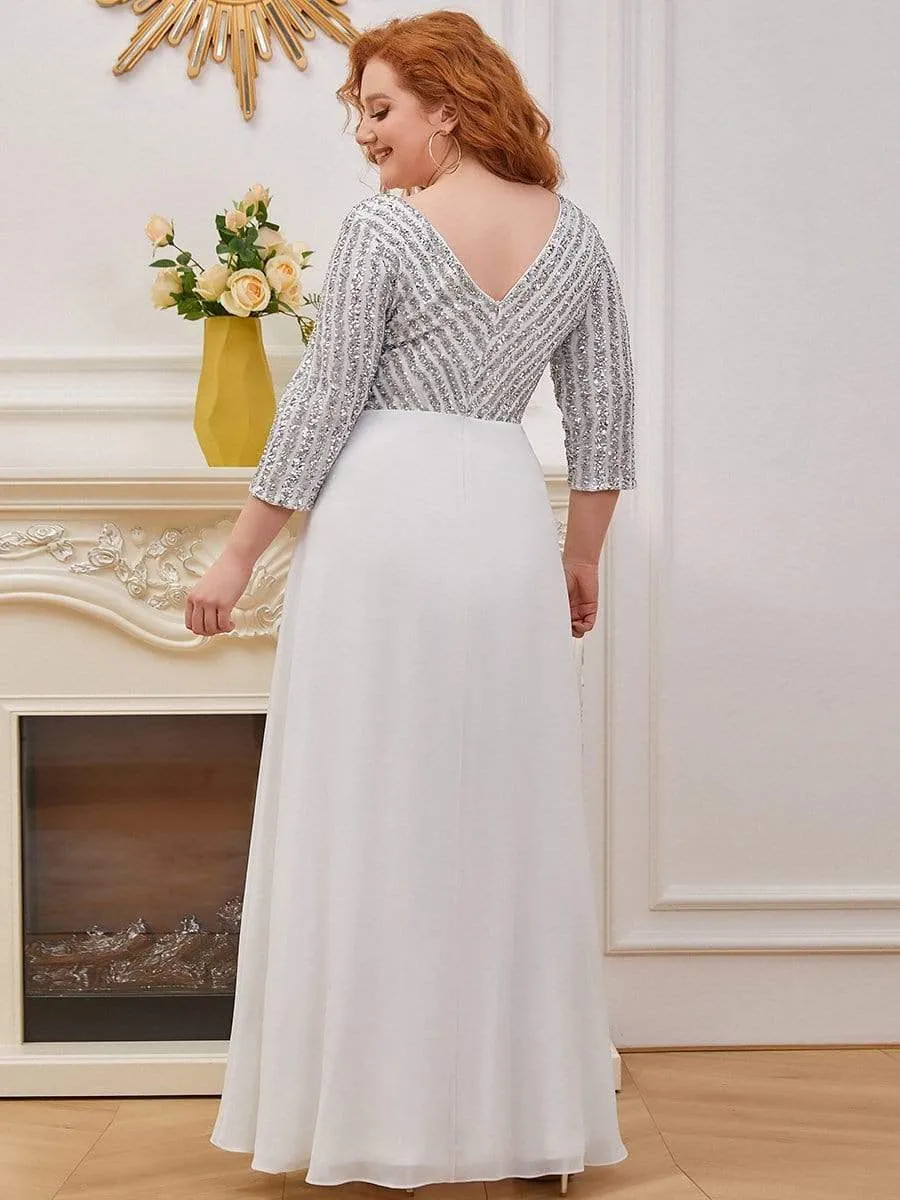 Plus Size V Neck A-Line Sequin Formal Evening Dress with Sleeve