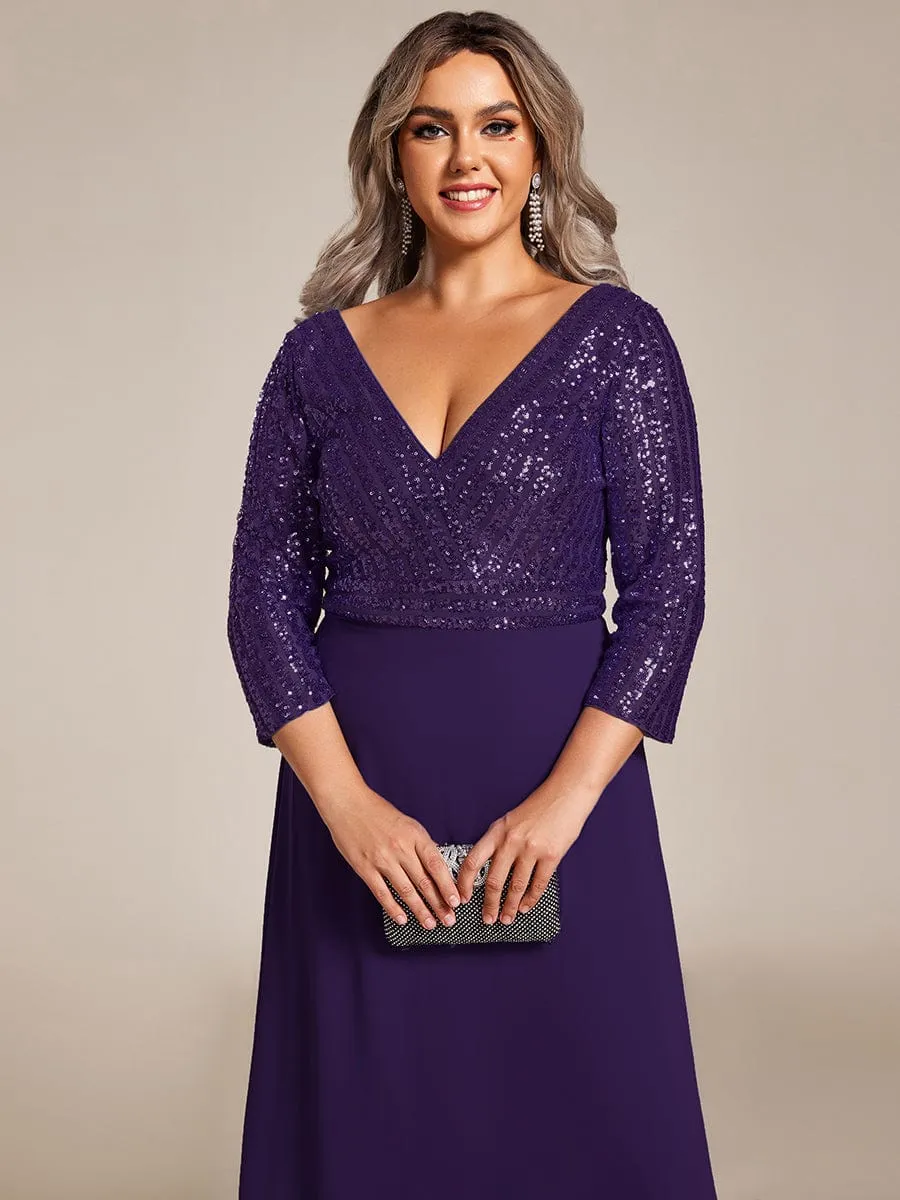 Plus Size V Neck A-Line Sequin Formal Evening Dress with Sleeve