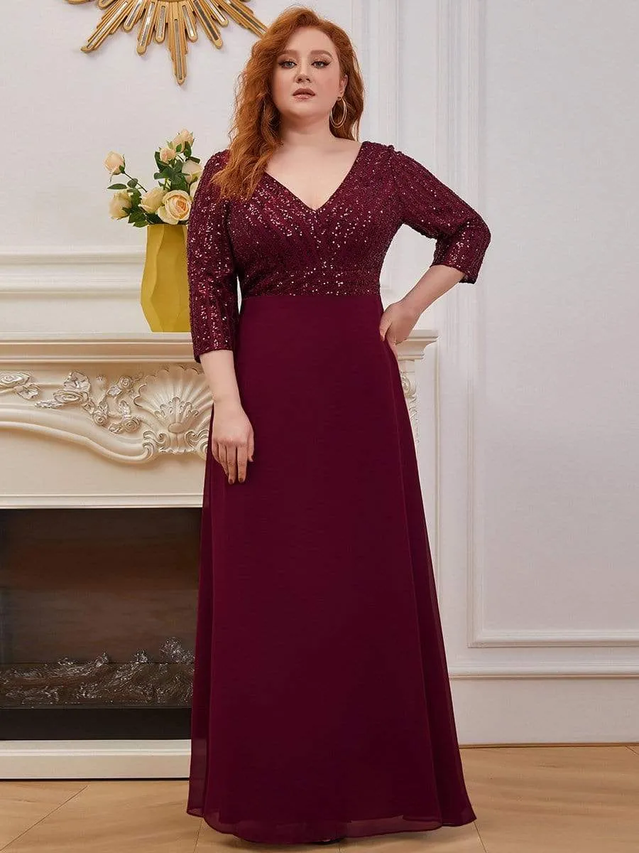 Plus Size V Neck A-Line Sequin Formal Evening Dress with Sleeve