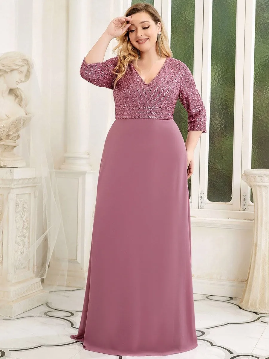 Plus Size V Neck A-Line Sequin Formal Evening Dress with Sleeve