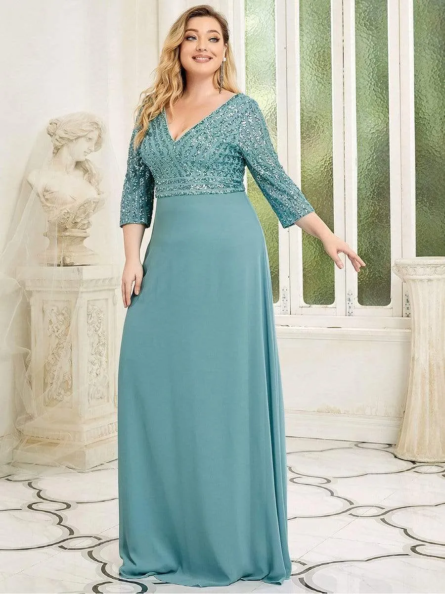 Plus Size V Neck A-Line Sequin Formal Evening Dress with Sleeve