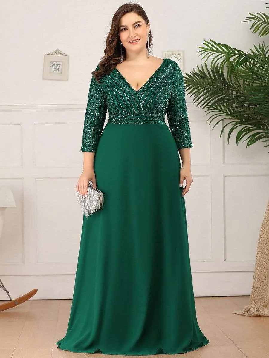 Plus Size V Neck A-Line Sequin Formal Evening Dress with Sleeve